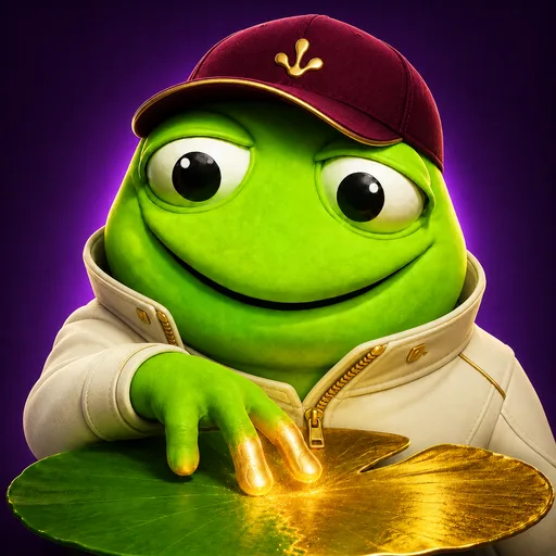 Midas Toad in his ivory coat and burgundy cap, resting one golden fingertip on a gilded lily pad